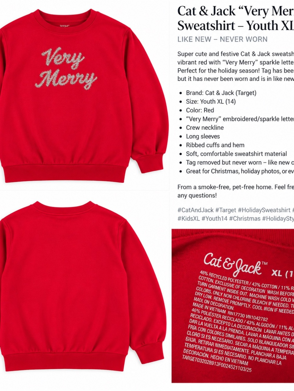 Cat & Jack Red Crewneck Sweatshirt with 'Very Merry' Sparkle Script